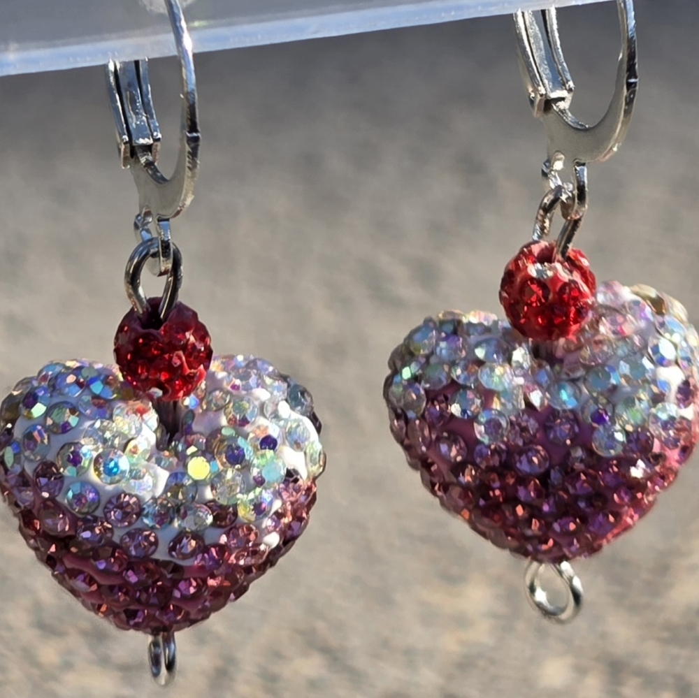Artisan Pink and Red Crystal Heart Earrings
